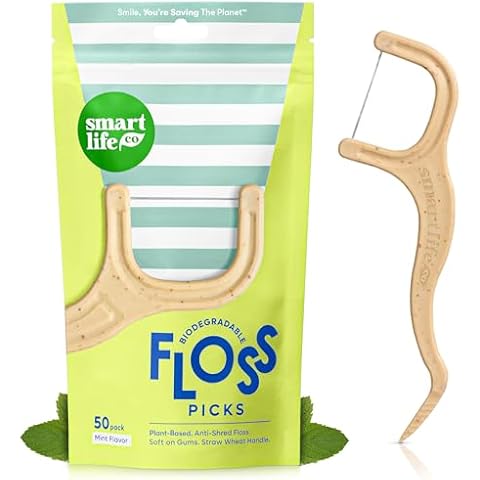 SmartLifeco Biodegradable Dental Floss Picks - Plant Based Handle, Thin Thread Tooth Flossers for Adults & Kids, Eco Friendly Toothpick Soft on Gum & Teeth, Compostable Zero Waste Vegan, 1 Bag - 50pk Cover