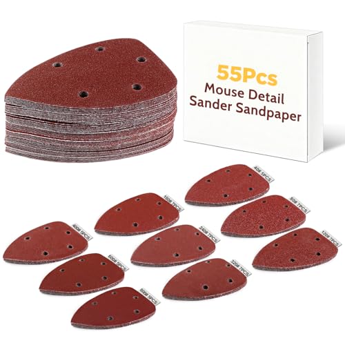 Giwiemi 55Pcs Mouse Detail Sander Sandpaper 9 Grits Triangle Sanding Pads