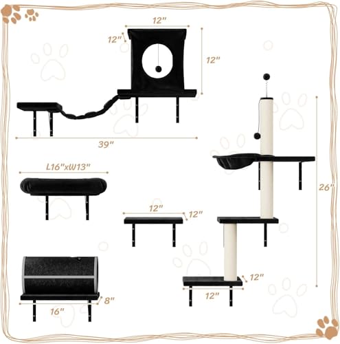 Kletterwand Katzen Set - 7-teilig, Stabiler Holzkletterer für Katzen, Wandpark mit Katzenhaus, Brücke, Tunnel, Baum, Treppe & Kratzbrett bis 10 kg (Schwarz)