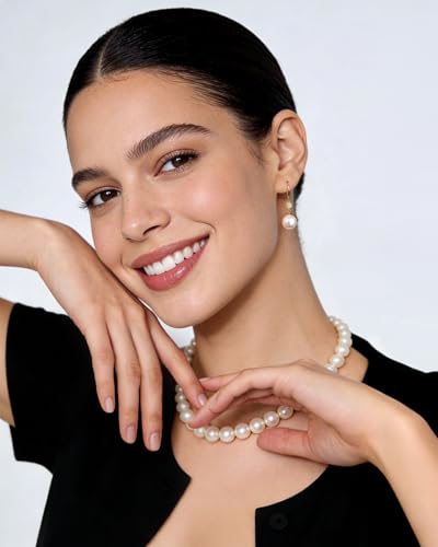 925 Sterling Silver Pearl Drop Earrings for Women, 10mm White Pearl Hypoallergenic Dangle Earrings, 14K Gold Plated CZ Jewelry for Wedding Party Daily Gift — view 6