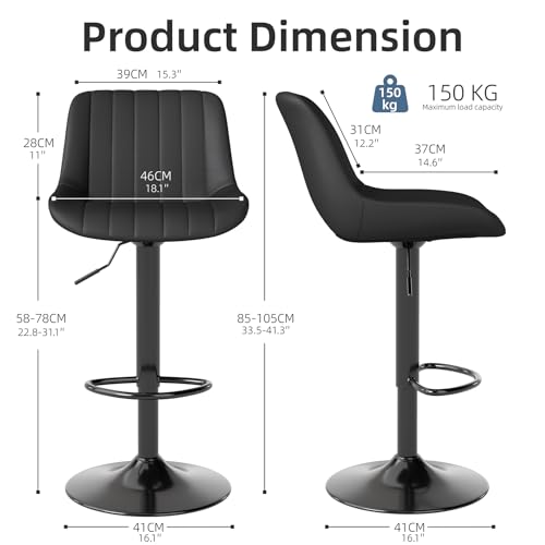 طقم كراسي بار من يوهوشير، كرسي بار دوار بارتفاع منضدة مع ظهر، كرسي بار من جلد صناعي قابل للتعديل، كرسي بار بتصميم عصري للمطبخ والإفطار، أسود