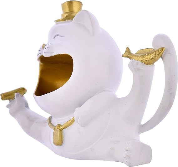 Generic Shailja enterpirse Cat with Hat Statue for Storage Purpose for Home Decor Showpiece Figurine, Standard, White image 3