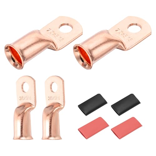 DMiotech 4 Pcs 2/0 AWG - 5/16 Copper Cable Lugs, Battery Cable Ends, Heavy Duty Copper Wire Lugs with 4pcs Heat Shrink Tubing for Electrical Projects, Copper