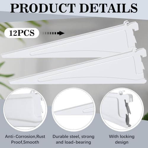 Image of Wonderjune 12 Pcs Adjustable Locking Shelf Bracket 16 Inch Shelf Brackets Heavy Duty Wire Shelving Brackets for Deep Wire Shelving Double Track System (White)