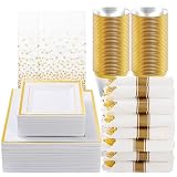 Goodluck 352-Piece Dinnerware Set for 50 Guests - Thanksgiving Square Plastic Plates with Gold Trim, Includes: 100 Plates, 50 Rolled Napkins, 50 Cups, 50 Cutlery Set and 2 Tablecloths