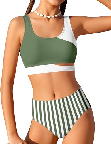 Image of BAVADER Teen Swimsuits for Girls 12-14 Teen Bathing Suits for Girls 12-14 Stripe High Waisted Bathing Suit Color Block Sporty Bikini Swimsuits Swim Cover Up Skirt 3 Piece Set Green