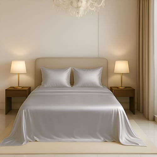 Image of Luxe Ere Satin Bedsheet King Size (90x108) | 300 TC Ultra Smooth Silky Soft Luxury Satin Bed Sheet with 2 Pillow Covers | Premium Satin Bedsheets for Double Bed - Moonstone Grey