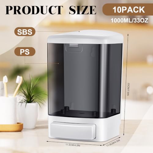 Image of Hushee 10 Pcs Wall Mounted Soap Dispenser,33.8 Oz 1000 Ml,Black | Manual Press, 1000ml 33.8oz Capacity Clear Window, For Restaurant Bathroom Kitchen Hotel, Liquid Soap Shampoo Dispenser