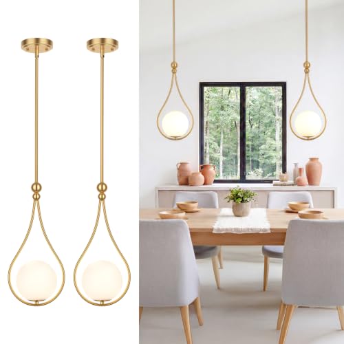 Image of Gold Pendant Lights Kitchen Island with Milky White Globe Glass, 2 Pack | Mid Century Adjustable Hanging Pendant Light Fixtures