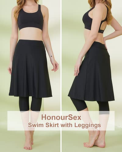 HonourSex Long Swim Skirt with Attached Leggings Swim Pants with Skirt Attached for Women High Waisted Skirted Swim Leggings Capris with Skirt Black XXL