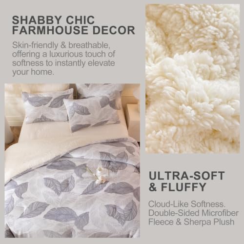 Image of Tufted Fleece Comforter Set Queen- Super Soft Warm Fluffy Shaggy Bedding Sets, Leaves Jacquard Bed Set for Winter, 1 Sherpa Comforter with 2 Pillow Cases (90 inchX90 inch Grey Leaf)