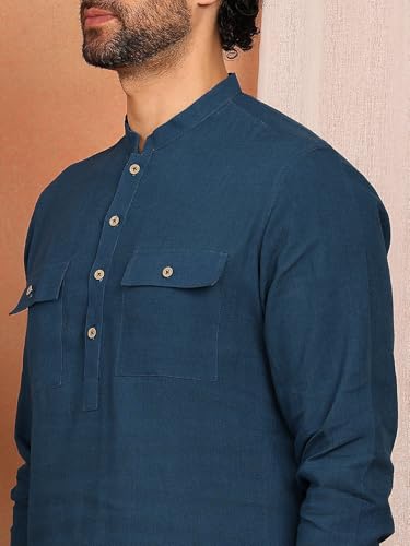Image of See Designs Men's Full Sleeve Mandarin Collar Linen Solid Pathani Set
