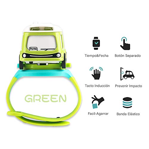 Ánimo Juguete Reloj de Pulsera Mini Metal Vehículo Ensamblado con Control Táctil para Música&Luz Juguete Reloj de Coche Propulsado Juego Educativo y Científico para Niños 3+ Años Autobús Verde