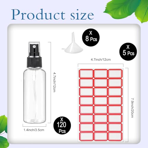 120 Pcs 2 oz Plastic Spray Bottles with Black Cap for Mini Spray Bottles, Clear Empty Fine Mist Liquid Container Refillable Sprayer for Essential Oils, Perfumes, Travel, Makeup2