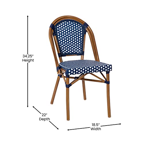 Image of Flash Furniture Bordeaux Set of 2 Indoor /Outdoor Commercial Bistro Stack Chairs - Navy /White PE Rattan Back and Seat - Natural Bamboo Print Aluminum Frame