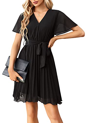 Maroway Women Casual Dresses V Neck Short Sleeve Belt Pleated Dress Cocktail Party Mini Dress Black Large #TOP17