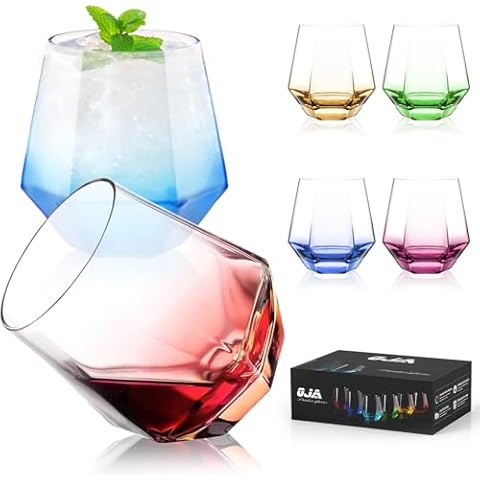 OJA Stemless Wine Glass Set of 6 - Diamond Shaped Clear Crystal Colored Wine Glasses for Red and White Wine, Cute Cocktail Glasses, Whiskey - Dishwasher Safe-10oz Cover