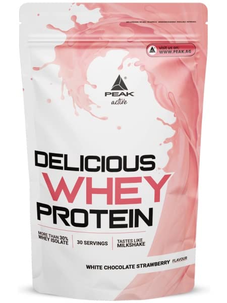 PEAK Delicious Whey Protein - 900g Geschmack White Chocolate Strawberry I 30 Portionen I Pulver I Proteinquelle: Molkenprotein Konzentrat + Isolat I ohne Zuckerzusatz I mit Verdauungsenzym Laktase