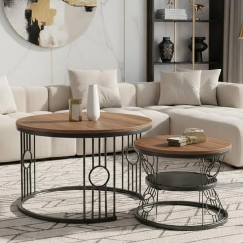 Image of Modern Nested Coffee Table Set of 2 | Round Marble Finish Tabletop with Metal Base | Luxury Center Table for Living Room, Lounge & Office (Ring Black Brown)