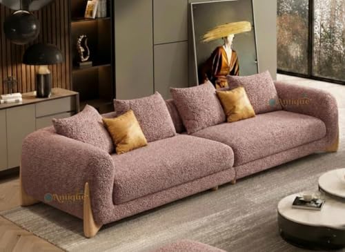 Image of Modern Sofa, Teddy Fabric, Chesterfield Style, Wooden Legs, for Living Room, Bedroom, Hallways (3+1+Ottoman, Light Brown)