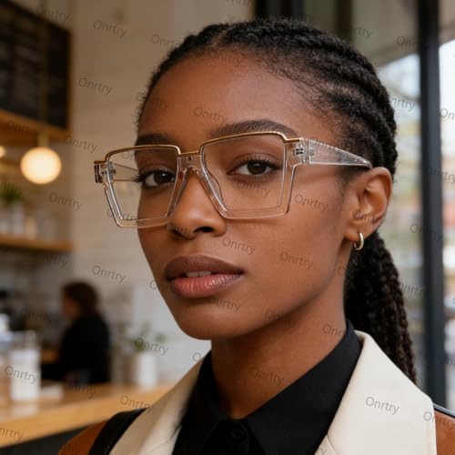 Image of Onrtry Oversized Square Blue Light Glasses for Women Men Fashion Semi Rimless Glasses Non Prescription Eyeglasses
