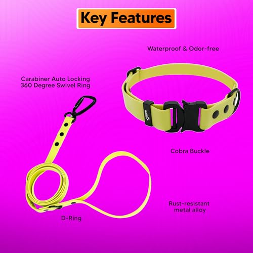 Image of Adil'S Waterproof Leash and Collar Combo Set - Adjustable & Breathable Biothane Collar with Leash Suitable for Medium & Large Size Dogs (Lease 5Ft), Lemon Yellow, L