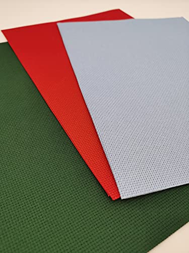 Image of KCS 3 pc of 12 inch x 18 inch 14CT Counted Cotton Aida Cloth Cross Stitch Fabric (Red+Pistachio Green vy dk+Light Blue)