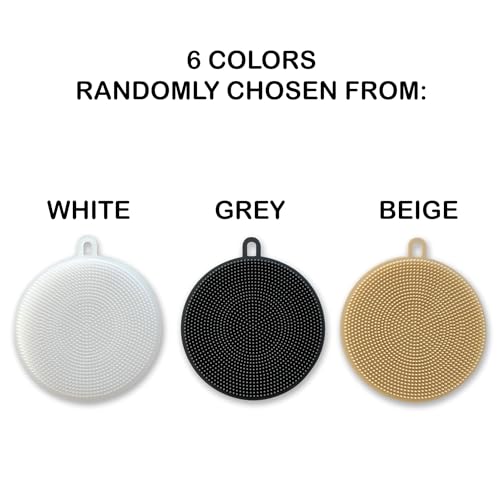 Image of Silicone Dish Sponges - Set of 6 Assorted Colors (White, Grey, Beige) - Kitchen Scrubber for Dishes, Fruits, and Vegetables - Cleaning Brush - Designed in Japan