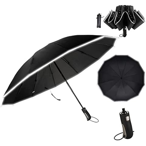 Lyeiaa Large Umbrella 41 Inch Pocket Umbrella Stormproof up to 140 km/h, Windproof, Automatic Open/Close, Extra Stable 210T Nylon Umbrella, with Reflective Strips for Safety, 12 Ribs, Black, black, S Cover