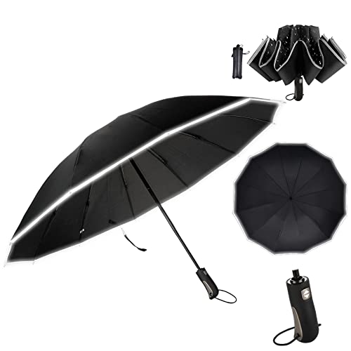 Parapluie de poche 10 cm - Résistant aux intempéries jusqu'à 140 km/h - Coupe-vent - Automatique - Extra stable - Nylon 210T - Avec bandes réfléchissantes pour la sécurité - 12 côtes - Noir Cover