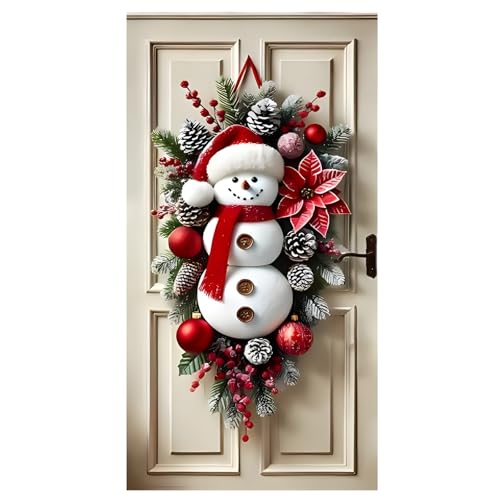 EujRcf Christmas Wreaths for Front Door, Christmas Door Wreaths, Large Snowman Wreath Decorations for Holiday Season, Festive Christmas Door Decor, 70.87 x 35.43 Inch Christmas Wreath