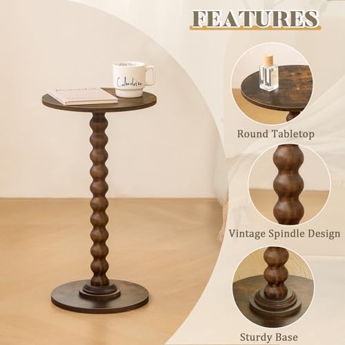 Image of Fultyle Round Side Table, Small Drink Table for Small Spaces, Modern Accent Nightstand with Solid Wood Leg for Living Room, Bedroom, Corners, and Office (Rustic Brown)