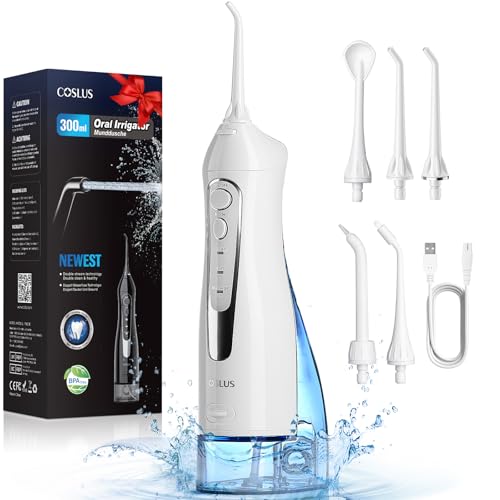 COSLUS Water Dental Flosser Teeth Pick: Portable Cordless Oral Irrigator 300ML Rechargeable Travel Irrigation Cleaner IPX7 Waterproof Flossing Machine for Teeth Cleaning