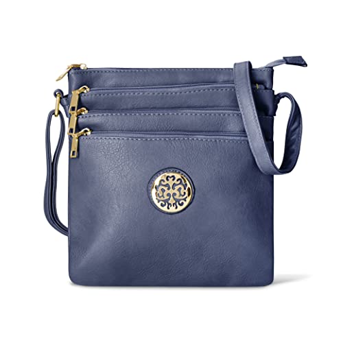 Image of Woodland Leather Crossbody Bags For Women, Multi Zipper Spacious Cross Body Bag Women With Adjustable Crossbody Strap, Golden decorated Women's Hobos & Shoulder Bags (Navy) (WL1112)