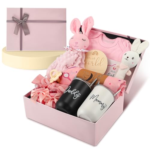 Neugeborenen Geschenk,12 In 1 Baby Set Neugeborene,Baby Geschenkset,Mit Lätzchen,Schmusetuch, Decke, Lätzchen, Socken, Dreieckstuch And Wooden Rattle,Geschenke Zur Geburt Für Jungen Und Mädchen (Pink)