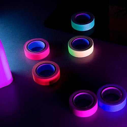 Koogel 6 Rollen Neon Klebeband, Fluoreszierendes UV Schwarzlicht Tape Set (5m x 15mm), Gafferband für Schwarzlicht Party Deko, Karneval Kostüme und Handwerk, Gewebeband Rückstandslos, 6 Farben