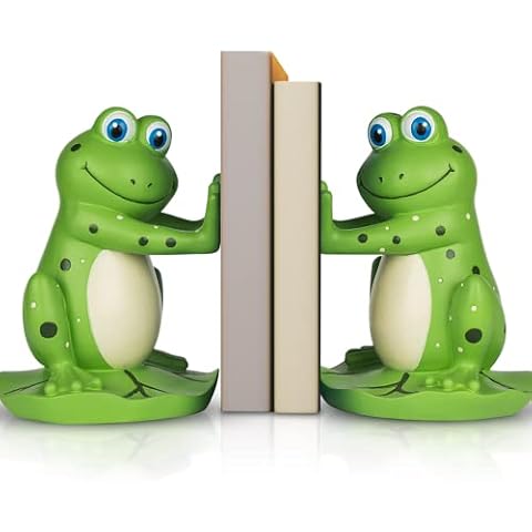 Joyvano Frog Decorative Book Ends to Hold Books - Unique Kids' Room Bookends w/ Non-Slip Base - Book Stopper for Childrens Room, Bookshelf, Home Office or Desk - Frog Decor Cover