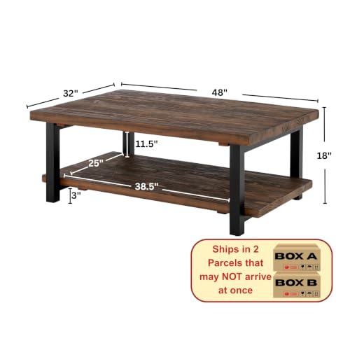 Image of Alaterre Furniture Pomona Solid Wood Coffee Table, Rustic Brown, 48 inch | Large Rectangular Center Table with Storage Shelf and Metal Legs, Rustic Industrial Farmhouse Living Room Table
