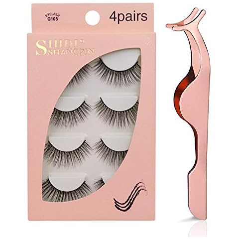 fanshiontide 4 Pairs Natural 3D Mink Eye Lashes + Free Eyelash Tweezers False Eyelashes Multipack 3D No Glue Reusable Handmade False Eyelashes( G105) Cover