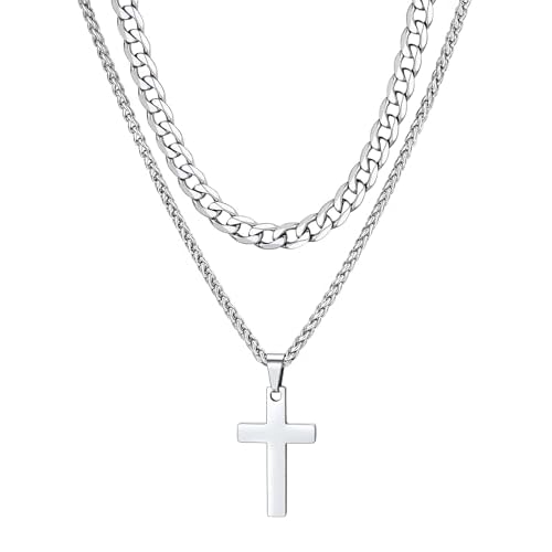 ChainsHouse Layered Cross Necklace for Men, Stainless Steel/Black/Gold Plated Cuban/Barbed Wire Necklace with Cross/Crucifix Pendant Religious Jewelry Gift Set for Dad, Husband 18'' chain+20