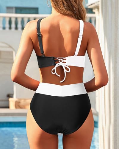 Image of Aqua Eve Women High Waisted Bikini Twist Front Swimsuits Lace up Bikini Tops Ruched Push up 2 Piece Bathing Suits