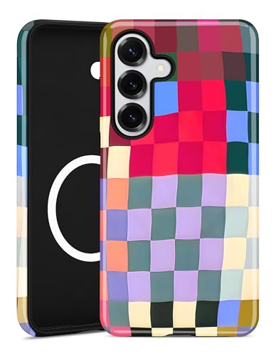 Coque Samsung S23 Plus MagSafe à damier coloré antichoc en TPU et PC pour femme