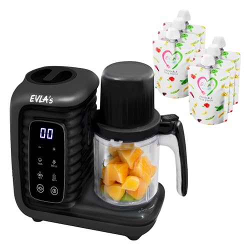 Image of EVLA'S Double Baby Food Maker with 2 Steaming Baskets, Steamer, Blender, Grinder, Food Processor, Cook & Blends Healthy Baby Food in Minutes, Touch Screen, with 6 food pouches, Dark Grey