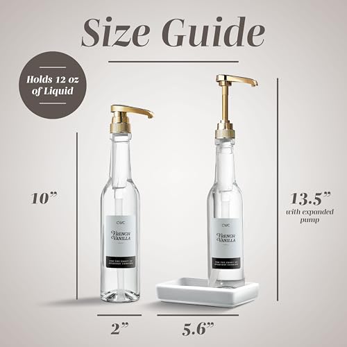 COOK WITH COLOR Glass Coffee Syrup Dispenser with Pump- Set of 2 Syrup Bottles for Coffee Bar, Decorative 350 ML Bottle with Ceramic Holder, Funnel, Labels and Extra Pumps, Clear by COOK WITH COLOR - Image 5