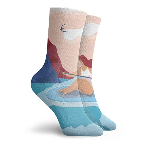 Fashion Compression Socks,Abstract Water Sports Themed Doodle Seascape Of Girl On Surfboard With Paddle,Performance Polyester Cushioned Athletic Crew Socks for Running,Athletic, -12 inch2