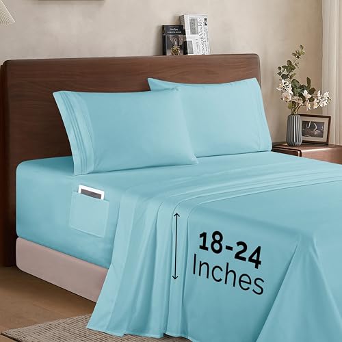 Elegant Comfort Luxury 1500 Premium Hotel Quality Microfiber 4-Piece Sheet Set - Soft, All Around Elastic 18-24 Inches Deep Fitted Sheet - Extra Deep Pocket Sheets, Full, Aqua