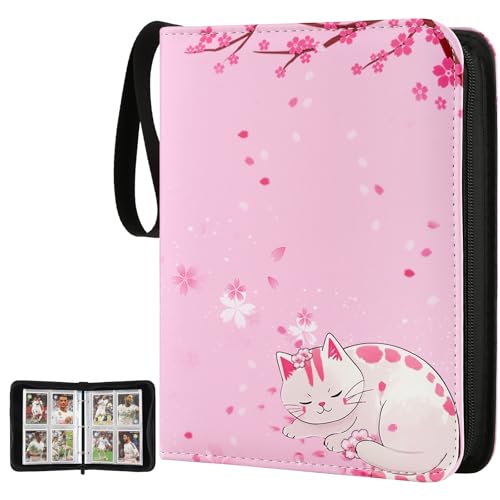 EYEGLEAM Card Binder 4-pocket 400 Pockets Trading Card Holder Album Book Case for TCG Cards Collection Sports Trading Cards Collector Album for Boys Girls Toys Gift Pink Sakura Cat