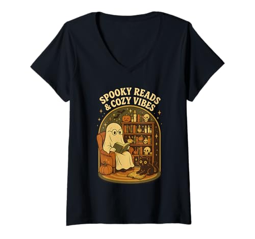 Womens Cute Ghost Reading Books Lover Librarian Teacher Halloween V-Neck T-Shirt