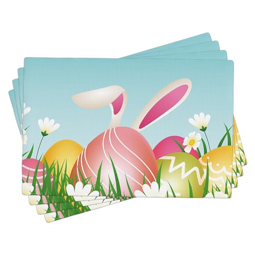 Set di 4 tovagliette pasquali a forma di uovo, floreale, erba, primavera, orecchie di coniglio, natura, lino blu e verde, resistenti al calore, lavabili, impermeabili, per ristorante, cucina