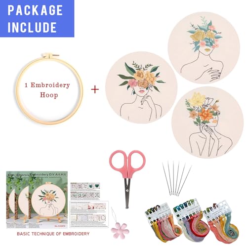 Image of EOBTAIN 3 Pcs Embroidery Kit for Beginners Adults Boho Floral Hand Stamped Embroidery Satrter Kits DIY Cross Stitch Kits with Embroidery Hoop,Needles and Threads,Gifts for Woman at Home Embroidery Kit